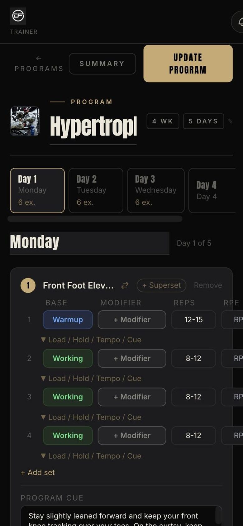 Z6 program builder with warm-up and working sets, reps, RPE and coaching cues