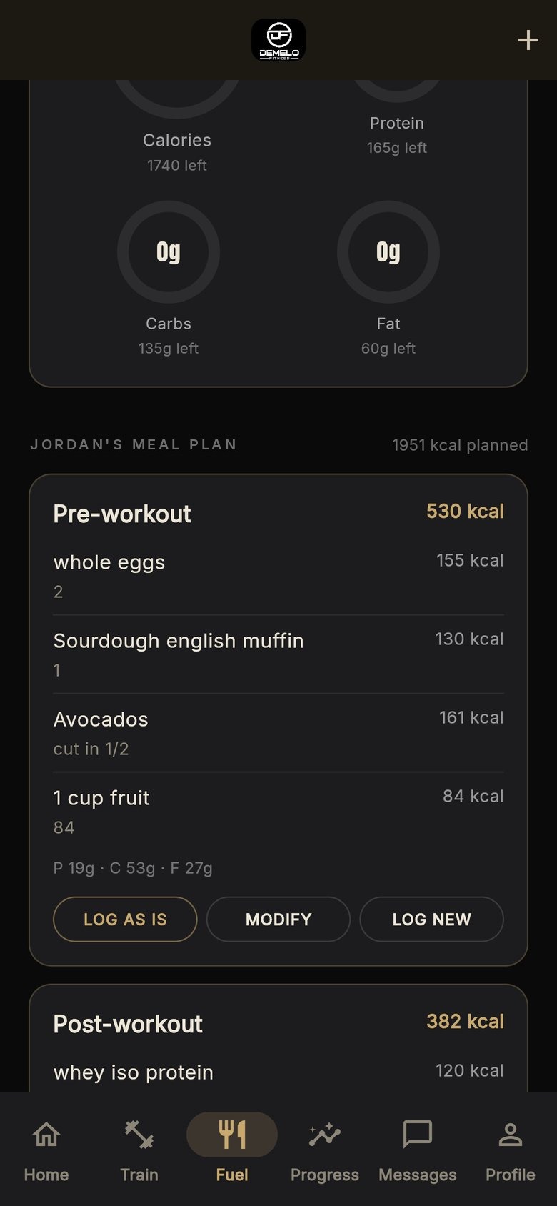 Z6 app Fuel screen with macro targets and the prescribed meal plan