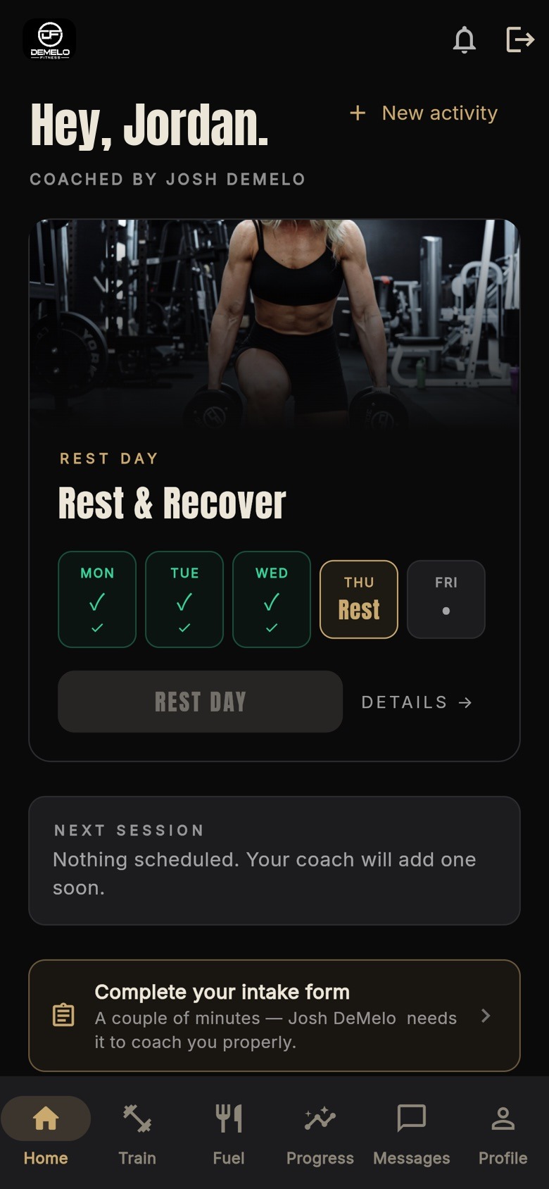 Client app home screen with trainer branding, the day's plan and weekly adherence