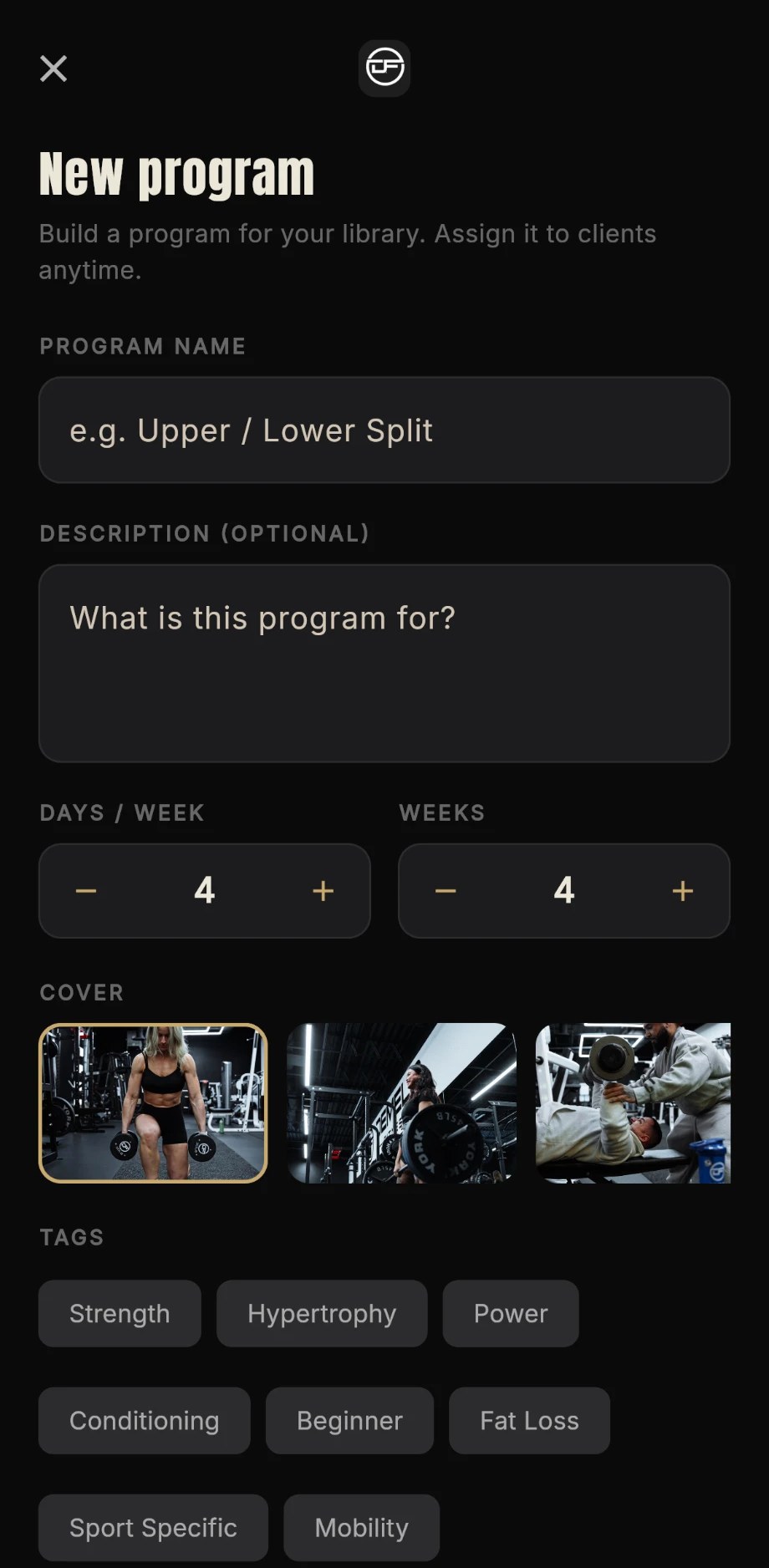 Z6 New program screen — name, days per week, weeks, cover and tags