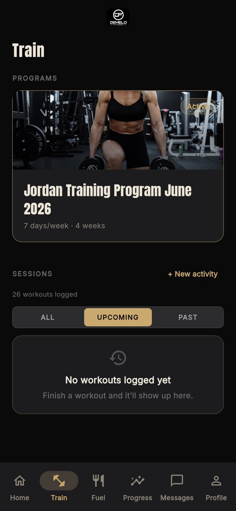 Client app Train tab with the assigned program and session history