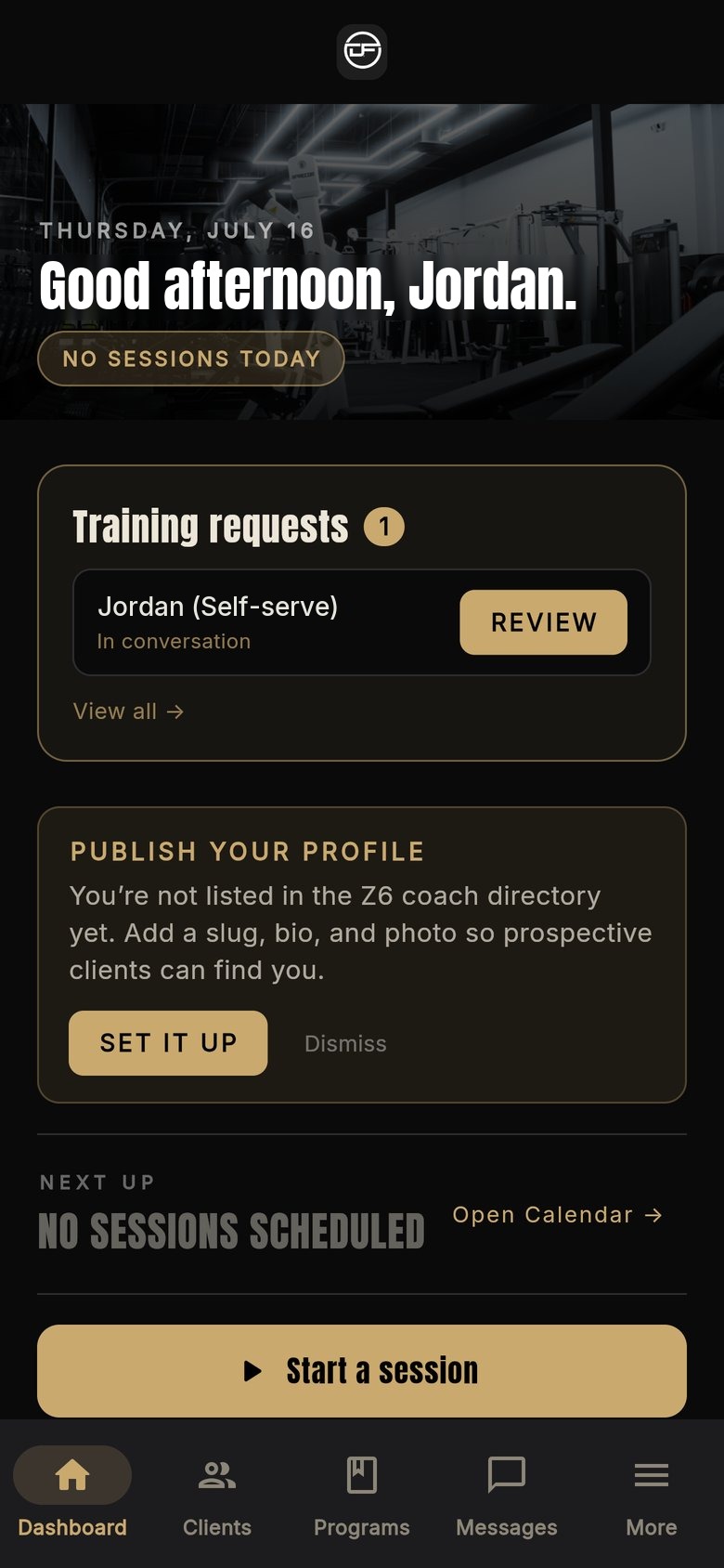 Z6 coach dashboard with today's sessions, training requests and quick actions