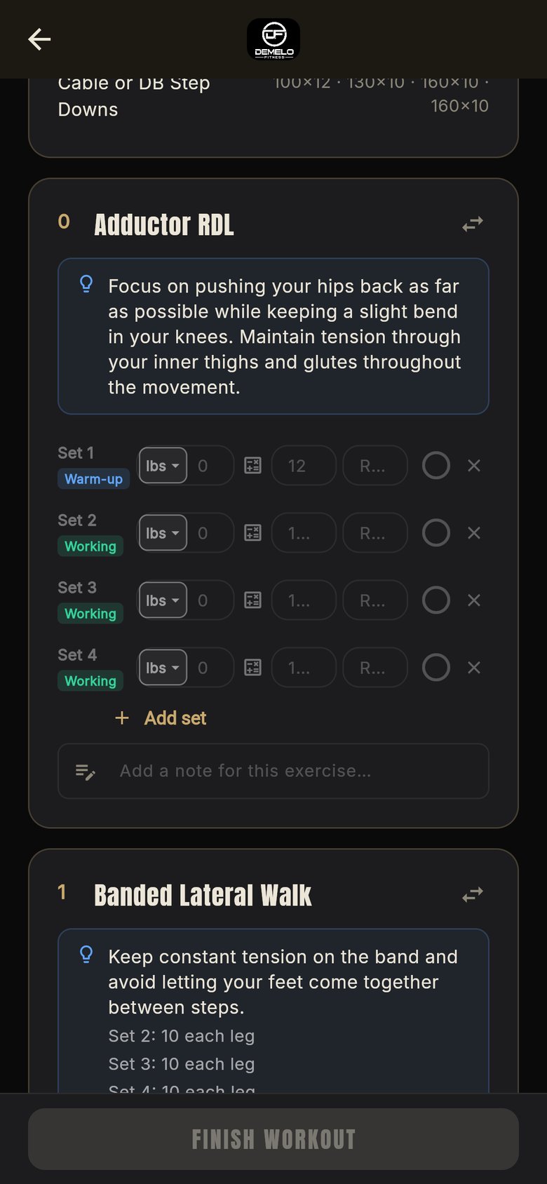 Z6 app workout logging screen with coach cue, warm-up and working sets